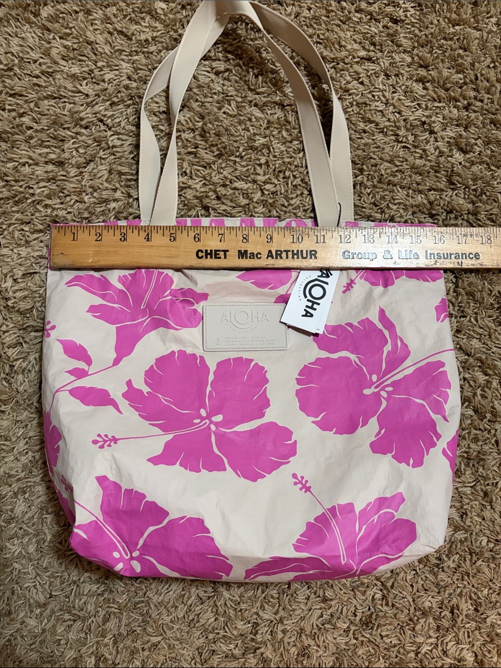 ALOHA Collection Reversible Pink Floral Tote with Cream Straps - Picture 4 of 7